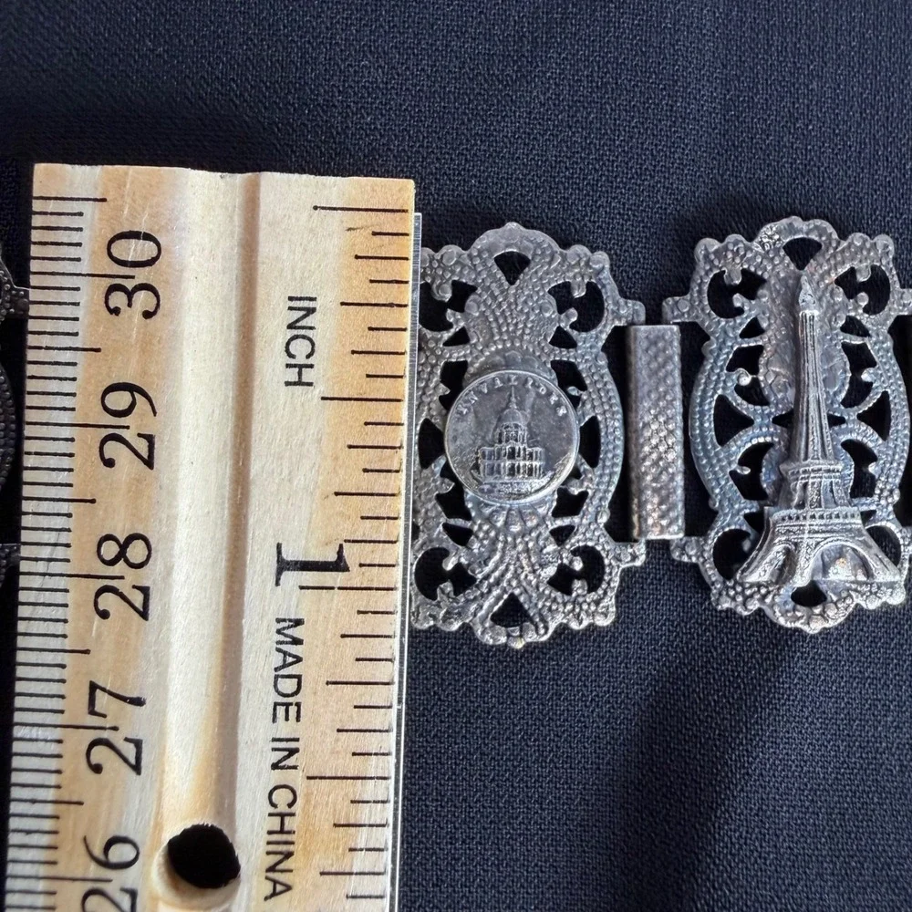 Vintage Paris France Souvenir Panel Bracelet Eiffel Tower Notre Dame Silver Tone